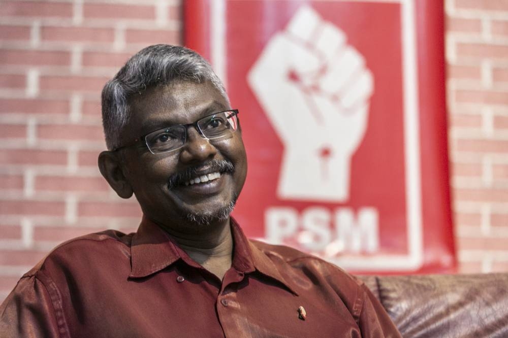 PSM sectary-general Sivarajan Arumugam speaking to Malay Mail during an interview at PSM's HQ in Brickfields, August 15, 2022. — Picture by Hari Anggara