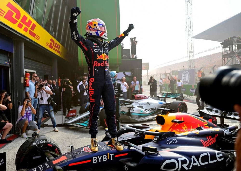 Red Bull Racing’s Dutch driver Max Verstappen celebrates after winning the Dutch Formula One Grand Prix at the Zandvoort circuit, September 4, 2022. — AFP pic 