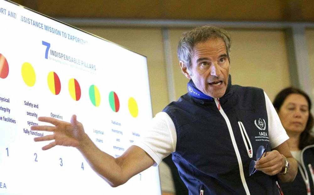 International Atomic Energy Agency (IAEA) Chief Rafael Grossi explains a graph as he speaks to the press after the return an IAEA team from the Russian-held Zaporizhzhia nuclear power plant in southern Ukraine, at Vienna International Airport in Schwechat, Austria on September 2, 2022. — AFP pic