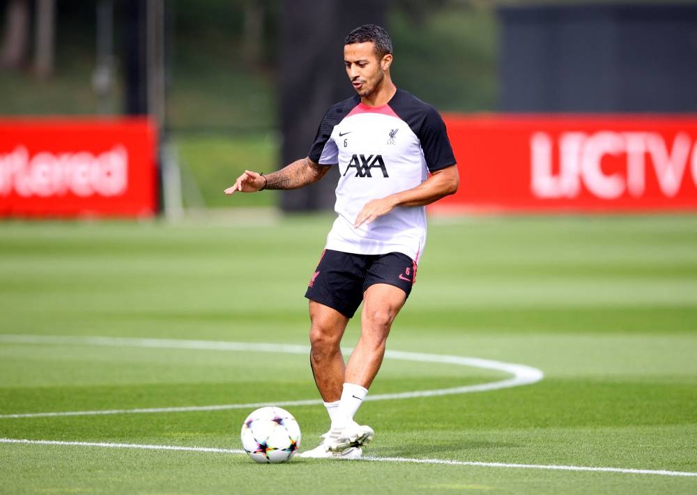 Liverpool's Thiago Alcantara during training at the AXA Training Centre, Liverpool September 6, 2022. — Reuters pic