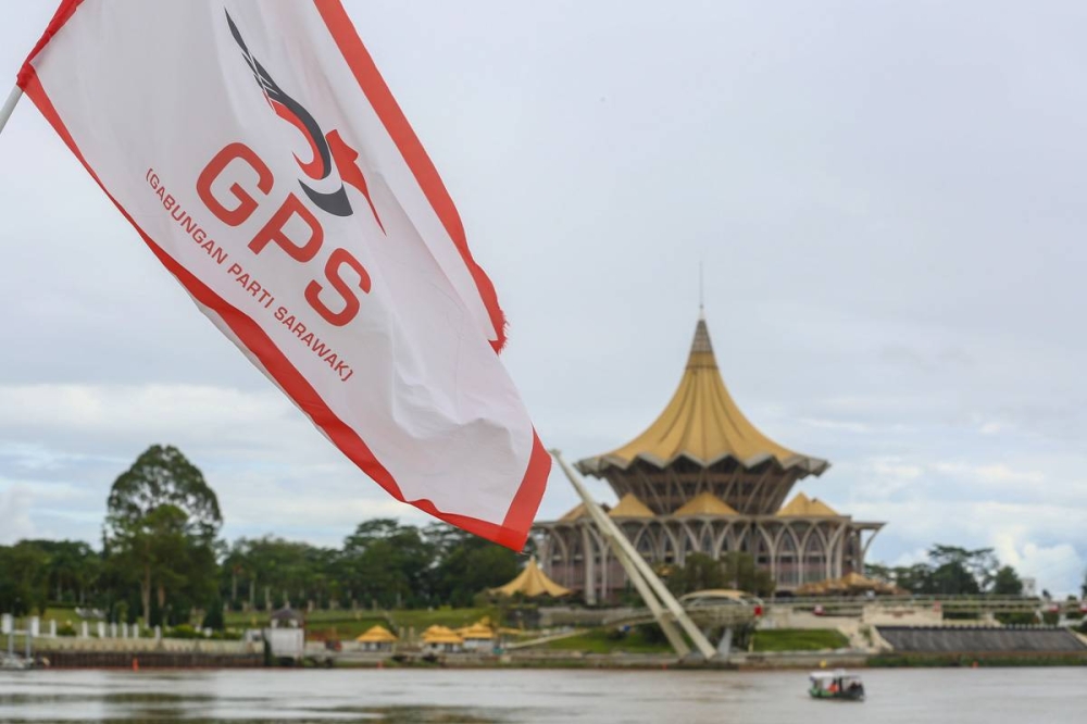 A Gabungan Parti Sarawak flag is pictured in Kuching December 11, 2021. — Picture by Yusof Mat Isa