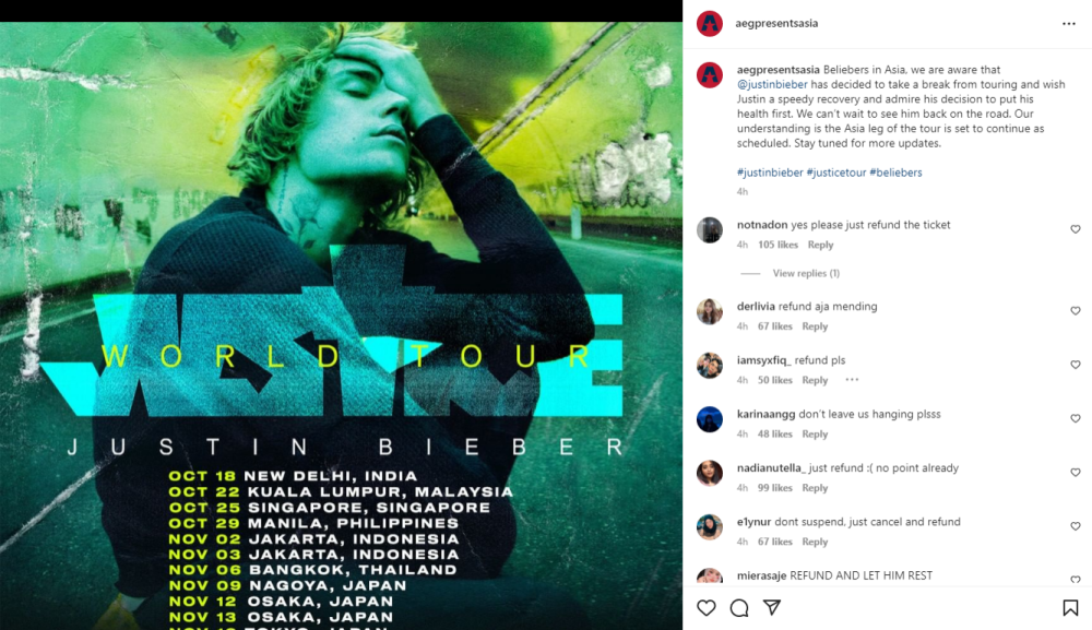 A screenshot of AEG's comment section on their Justin Bieber's announcement. — Screenshot via Instagram/ AEG Presents Asia 