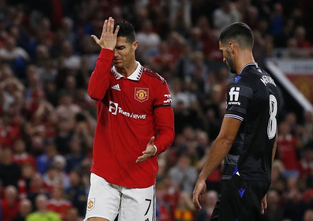 Manchester United's Cristiano Ronaldo reacts during the match against Real Sociedad at Old Trafford, Manchester September 8, 2022. — Reuters pic