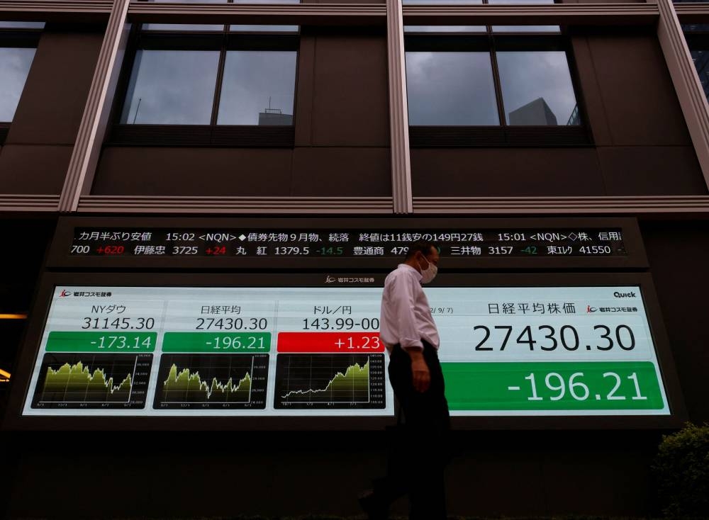 A man walks past boards displaying Dow Jones Industrial Average, Nikkei index and the Japanese yen exchange rate against the US dollar outside a brokerage in Tokyo September 7, 2022. — Reuters pic