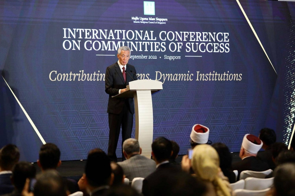 Prime Minister Lee Hsien Loong delivering his keynote address at the inaugural International Conference on Communities of Success on Sept 9, 2022. — Picture courtesy of Islamic Religious Council of Singapore via TODAY