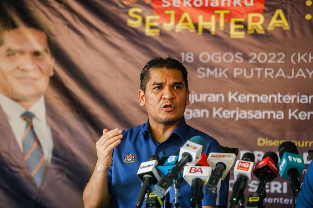 Senior Minister of Education Dr Radzi Jidin speaks to the press after the launching of Sekolahku Sejahtera, Sepakat dan Selamat here at Sekolah Menengah Kebangsaan Putrajaya Presint 14 (1), Putrajaya on August 18, 2022. — Picture by Sayuti Zainudin