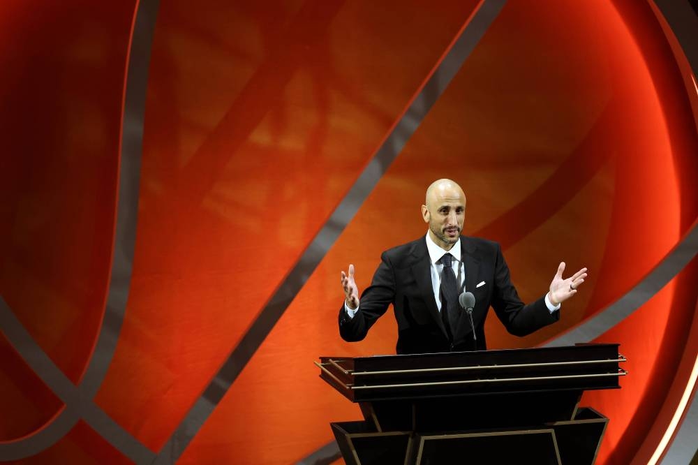 Naismith Memorial Basketball Hall of Fame Class of 2022 enshrinee Manu Ginobili speaks during the 2022 Basketball Hall of Fame Enshrinement Ceremony at Symphony Hall on September 10, 2022 in Springfield, Massachusetts. — Maddie Meyer/Getty Images/AFP pic
