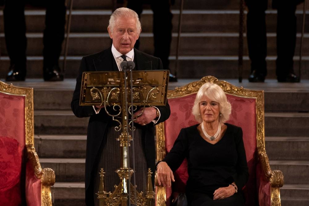Britain's King Charles and Queen Camilla attend the presentation of addresses by both Houses of Parliament in Westminster Hall, inside the Palace of Westminster, following the death of Britain's Queen Elizabeth, in central London September 12, 2022. — Dan Kitwood/Pool pic via Reuters