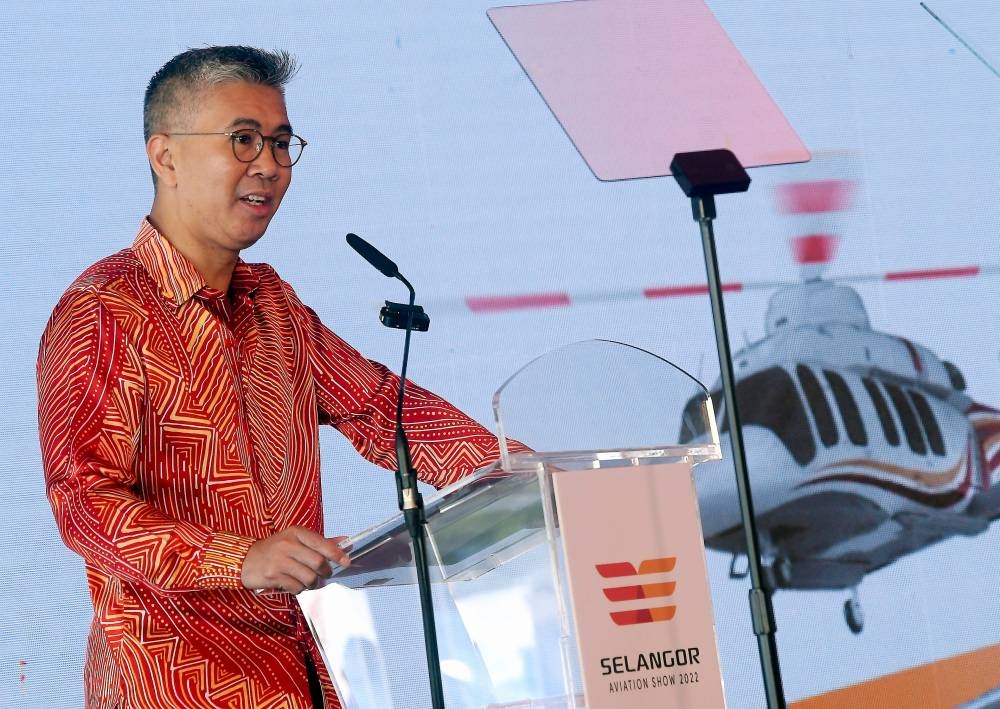 Finance Minister Datuk Seri Tengku Zafrul Abdul Aziz speaks during the launch of the Selangor Aviation Show 2022 (SAS) at the Skypark Regional Aviation Centre (RAC) Bukit Jelutong, Shah Alam September 8, 2022. — Bernama pic