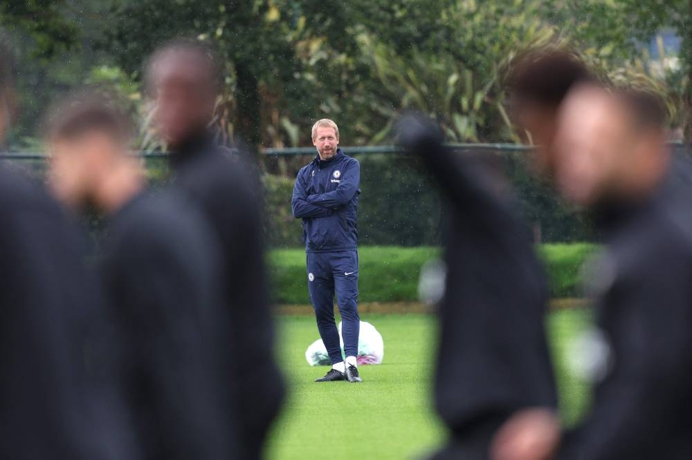 Chelsea head coach Graham Potter leads a training session on the eve of the Uefa Champions League group E match between England’s Chelsea and Austria’s Red Bull Salzburg at the team’s training ground in London, September 13, 2022. — AFP pic 