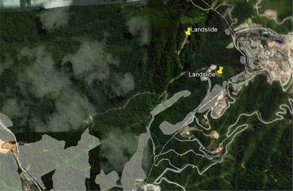 Potential landslides near the peak (white shaded areas show proposed development underdraft RKK). ― Picture courtesy of Rimba Disclosure Project