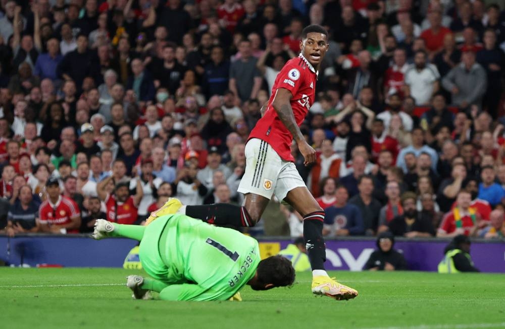 Manchester United's Marcus Rashford scores their second goal against Liverpool at Old Trafford, Manchester August 22, 2022. — Reuters pic