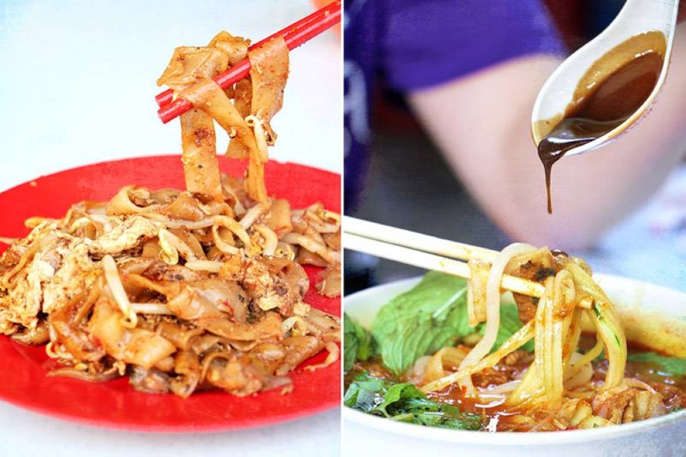 Smoky 'char kway teow', infused with 'wok hei' (left) and tangy-spicy 'asam laksa' (right).