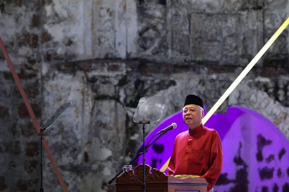 Prime Minister Datuk Seri Ismail Sabri Yaakob speaks during the Malaysia Day celebration at Banda Hilir Independence Proclamation Memorial Square in Melaka September 16, 2022. ― Bernama pic