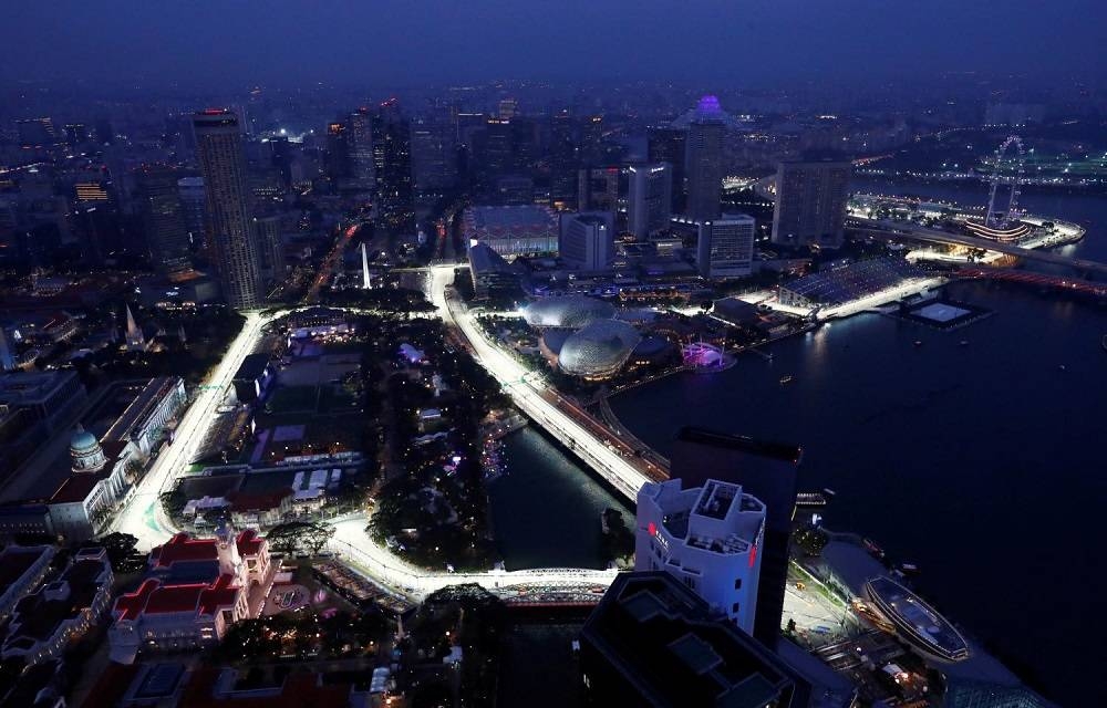 An aerial view of the Marina Bay area in September 2019, with several hotels in the background overlooking the lighted street circuit for the Formula One night race in Singapore. — Reuters pic