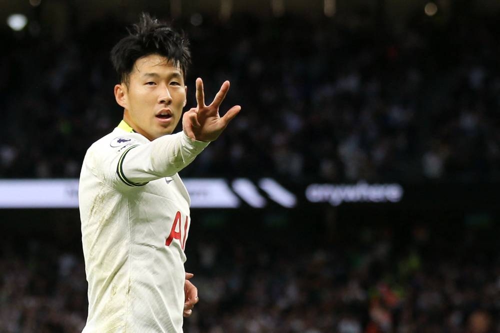 Tottenham Hotspur's South Korean striker Son Heung-Min celebrates after he scored his team's sixth goal during the English Premier League football match between Tottenham Hotspur and Leicester City at Tottenham Hotspur Stadium in London, on September 17, 2022. — AFP pic
