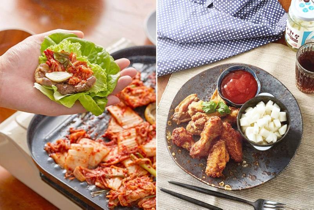 Enjoy kimchi lightly grilled on a barbecue (left). Korean pickled radish goes well with Korean fried chicken, naturally (right).