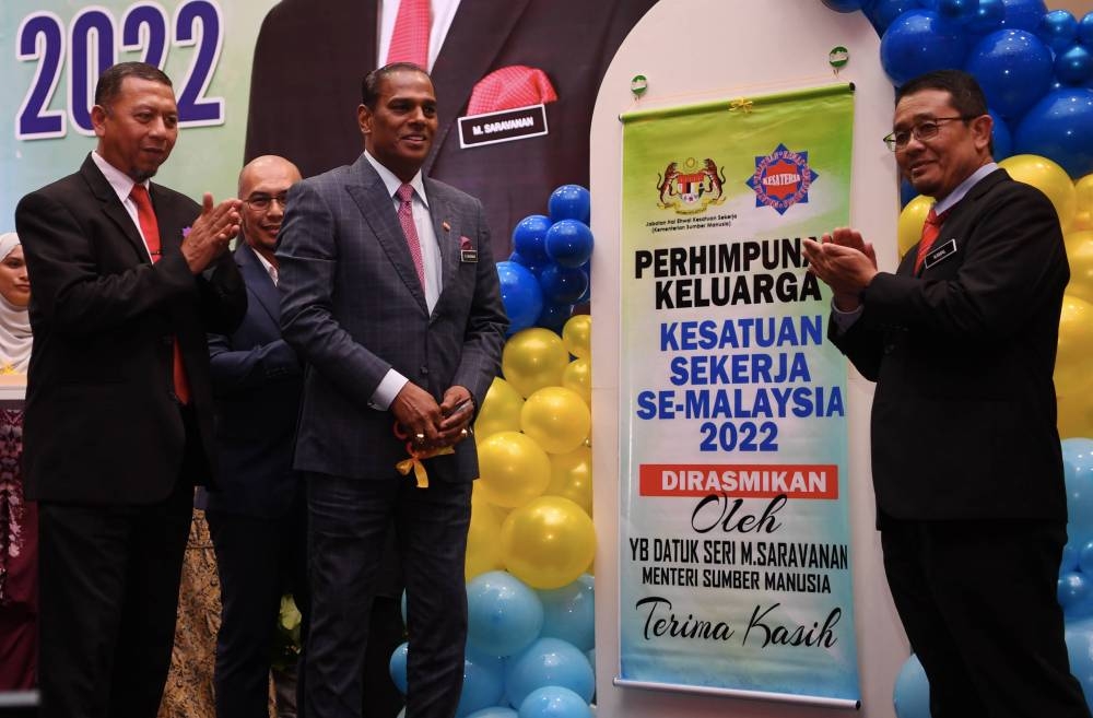 Human Resources Minister Datuk Seri M. Saravanan at the launch of the Se-Malaysia Workers Union Family Members Assembly 2022 in Shah Alam, September 20, 2022. — Bernama pic 