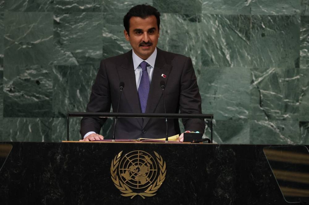 Qatar's Emir Sheikh Tamim bin Hamad al-Thani arrives to address the 77th Session of the United Nations General Assembly at the UN Headquarters in New York City September 20, 2022. — Reuters pic 
