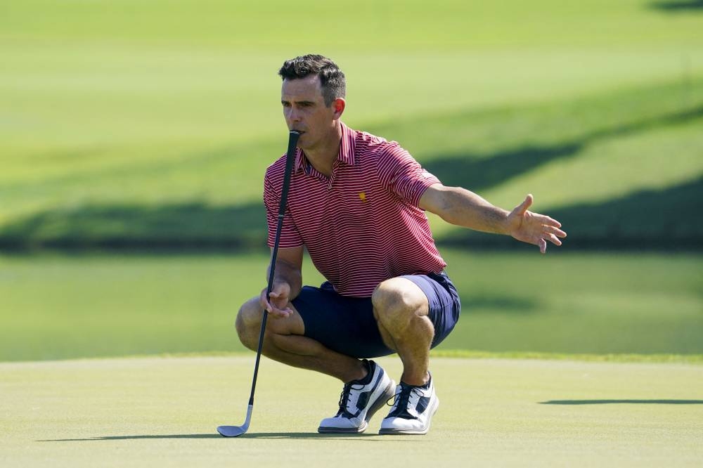 US golfer Billy Horschel lines up his putt on the 14th green during a practice day for the Presidents Cup golf tournament at Quail Hollow Club September 20, 2022. — Reuters pic
