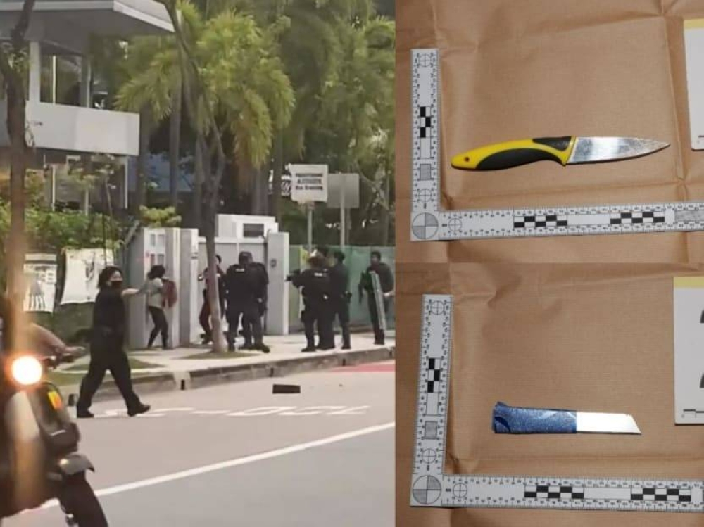 A composite of a screengrab of the incident outside St Hilda’s Secondary School on Monday evening, as well as the two knives seized by the authorities after the woman’s arrest. ― Picture via Social Media and Singapore Police Force