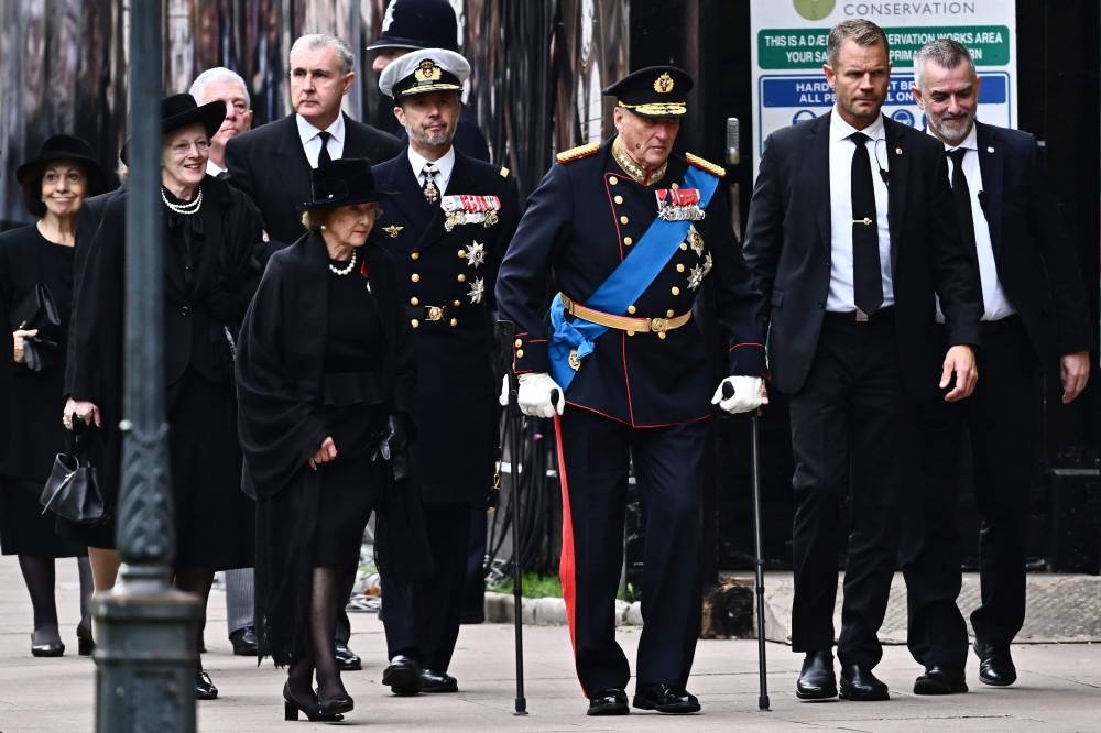 Norway's King Harald V (centre), and his wife Queen Sonja, Frederik, Crown Prince of Denmark and Denmark's Queen Margrethe II (left) arrive at Westminster Abbey in London on September 19, 2022, for the State Funeral Service for Britain's Queen Elizabeth II. — Marco Bertorello/Pool/AFP pic
