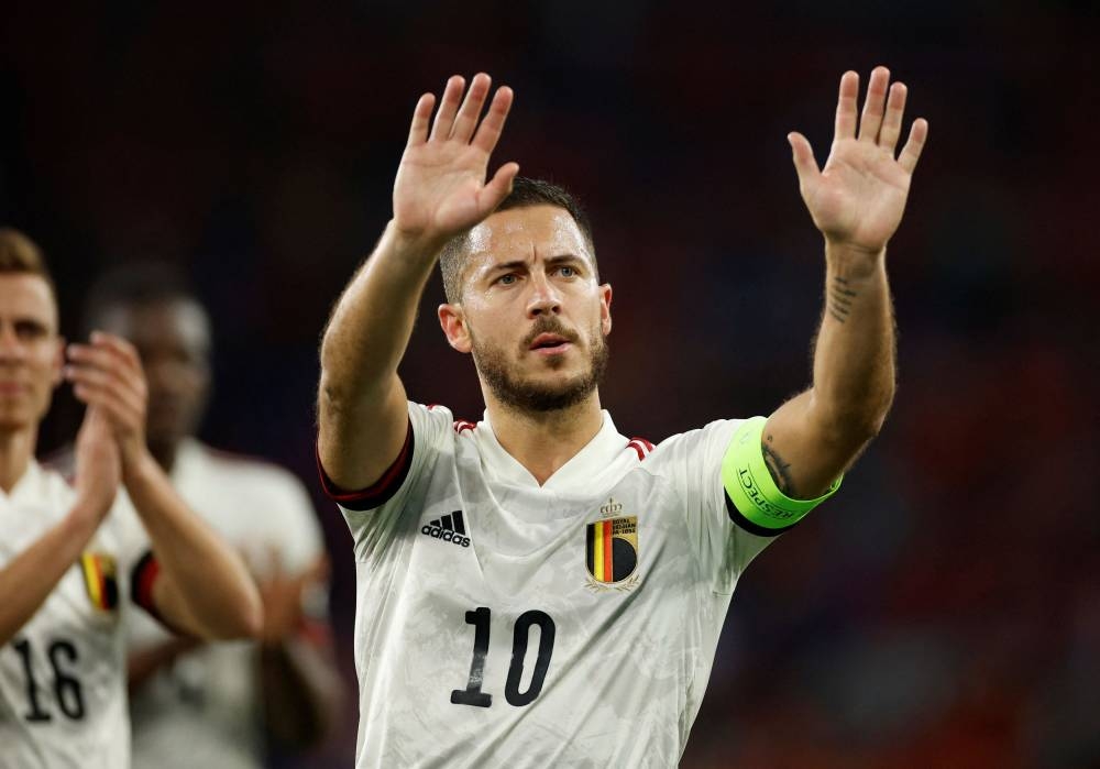 Belgium's Eden Hazard applauds fans after the match against Wales at the Cardiff City Stadium, Cardiff June 11, 2022. — Reuters pic 