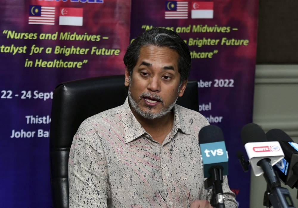 Health Minister Khairy Jamaluddin speaks at a press conference after officiating the 25th Joint Malaysia-Singapore Nursing Conference 2022 in Johor Baru, September 22, 2022. — Bernama pic  