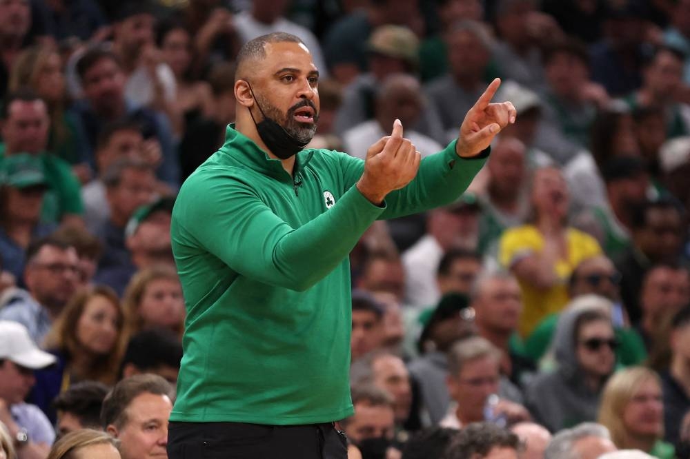 Boston Celtics head coach Ime Udoka calls out a play in the fourth quarter against the Golden State Warriors in Boston June 8, 2022. — AFP pic