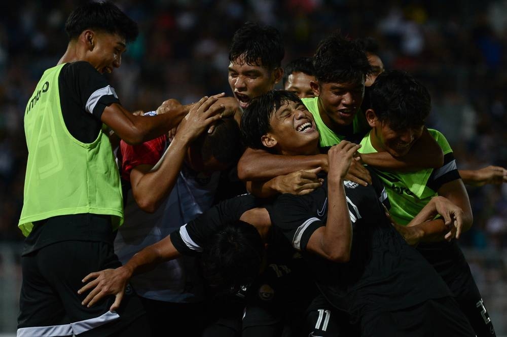Terengganu players celebrate their second goal against Penang in the Sukma football final at the Kuala Lumpur Football Stadium, Cheras, September 23, 2022. — Bernama pic 