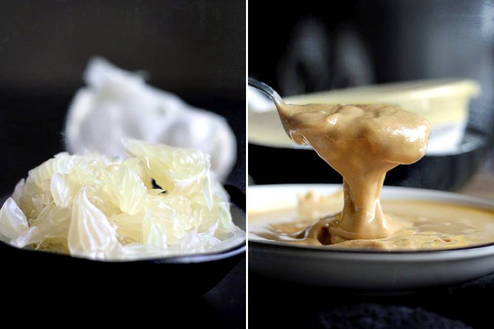 Juicy sacs of pomelo (left) and rich peanut butter (right).