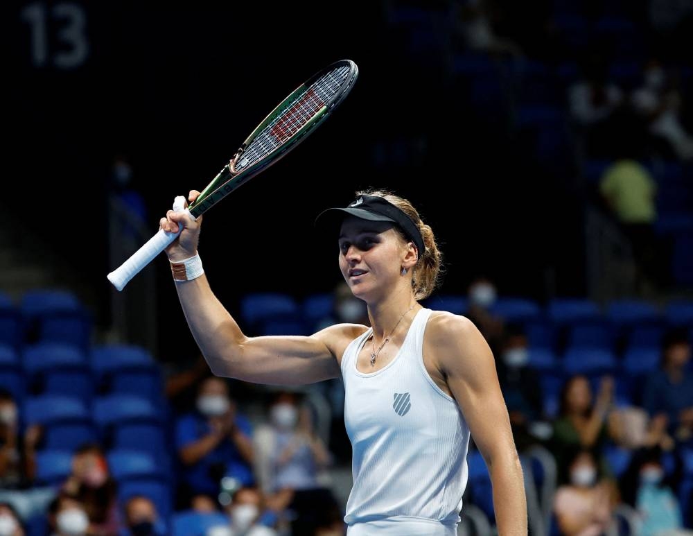 Russia’s Liudmila Samsonova reacts after winning a match against China’s Zhang Shuai during their semi-final match at the Pan Pacific Open in Tokyo, September 24, 2022. ― Reuters pic
