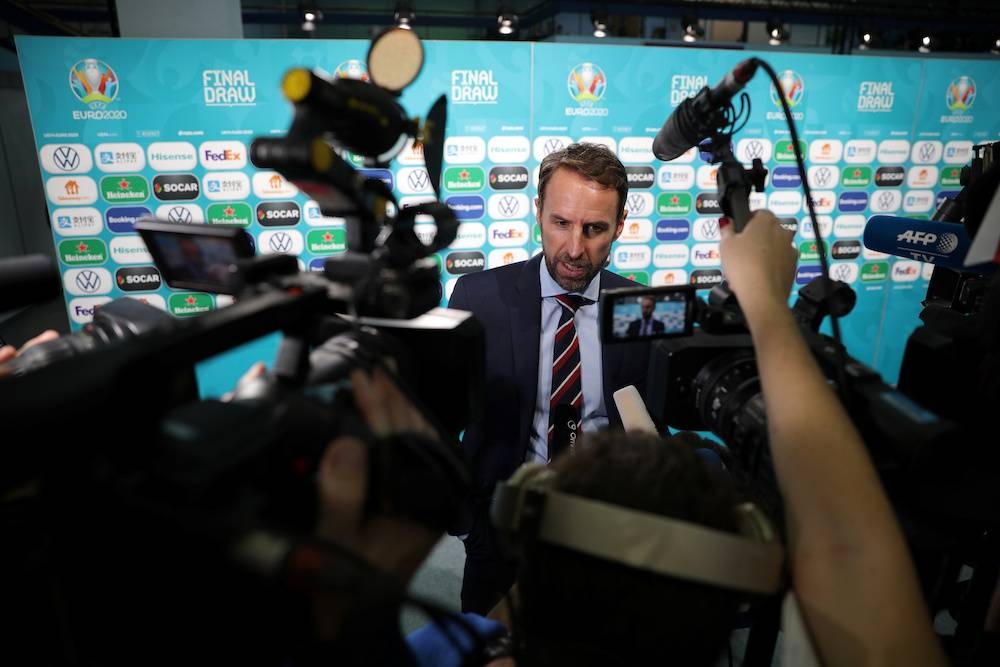 File photo of England manager Gareth Southgate being interviewed by the media after the draw in Bucharest November 30, 2019. ― Reuters pic