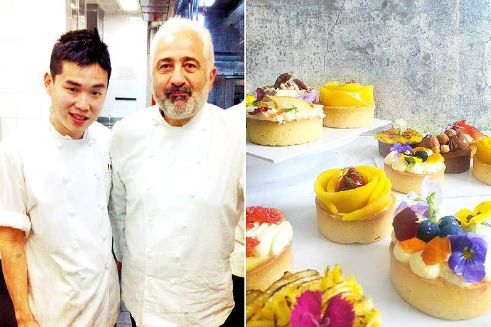 Pastry chef Alvan Then with Guy Savoy in 2012 (left). Tarts galore (right).