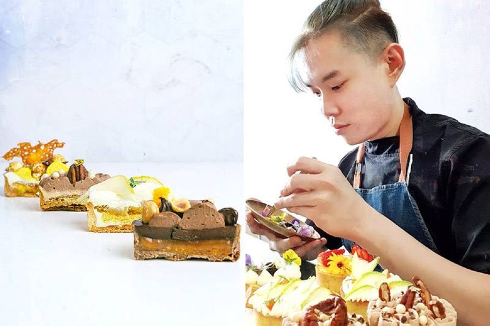 'Entremets' are a type of multi-layered French dessert (left). Putting finishing touches (right).