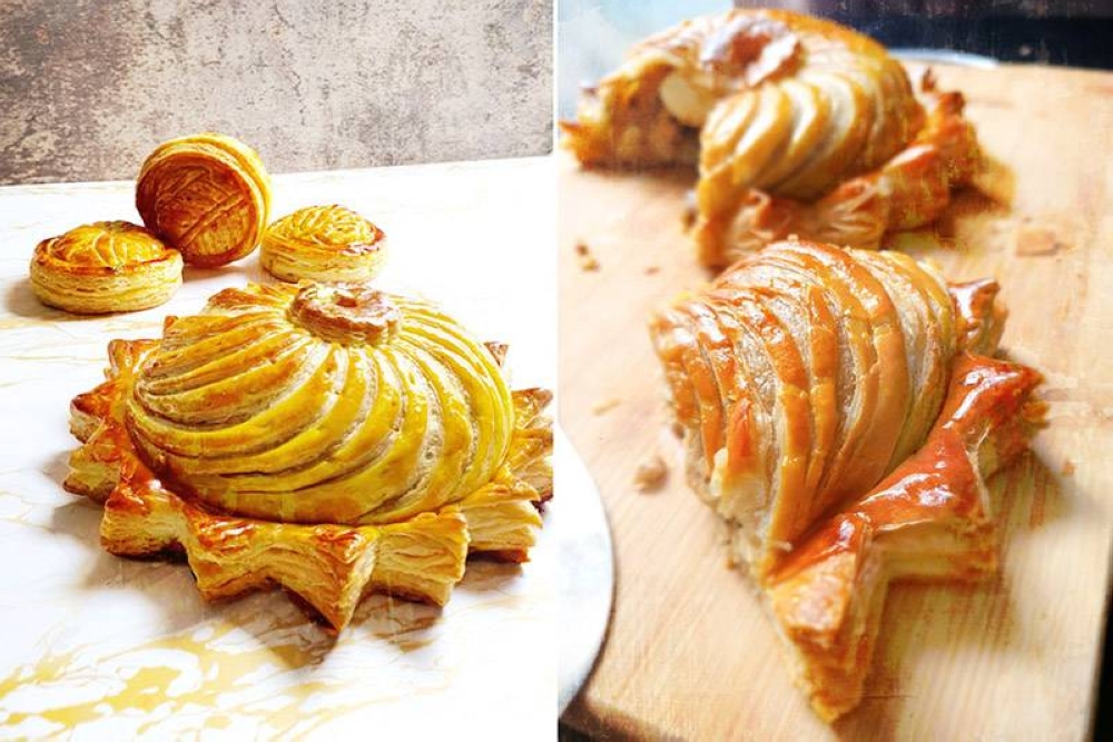 'Pithivier', a reversed pie from Loire Valley, (front) and smaller 'galettes' (back).