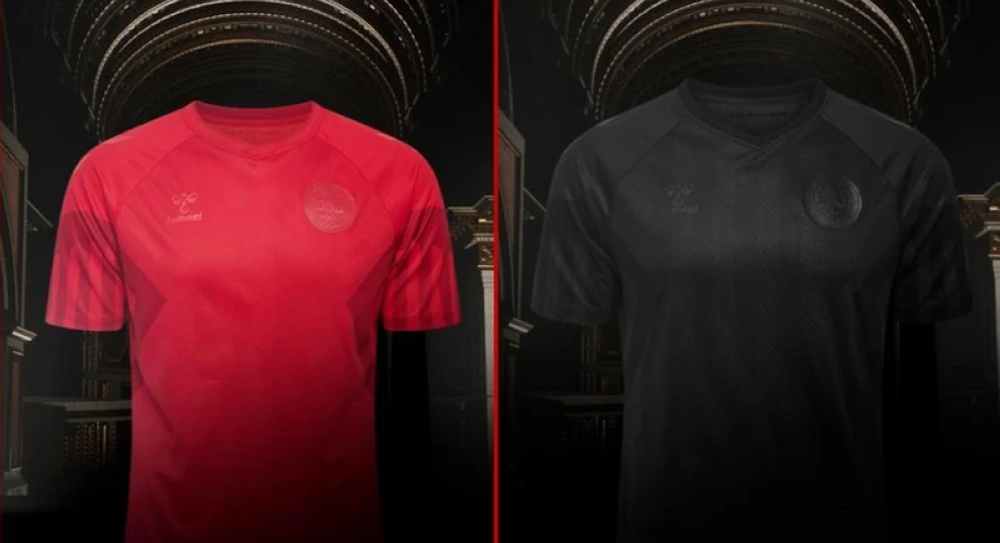 The new red kit (left) is inspired from their Euro 92 success when Denmark won their only major title, but has its logo and details barely visible. An all black design, which Hummel said signifies the 'colour of mourning', will be their third kit in Qatar. — Picture via Facebook