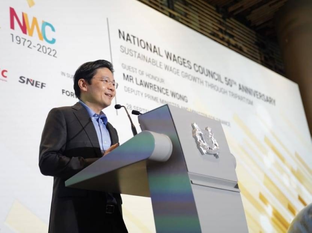 DPM Lawrence Wong delivering his speech at the National Wages Council’s 50th anniversary dinner. — Ministry of Finance handout via TODAY