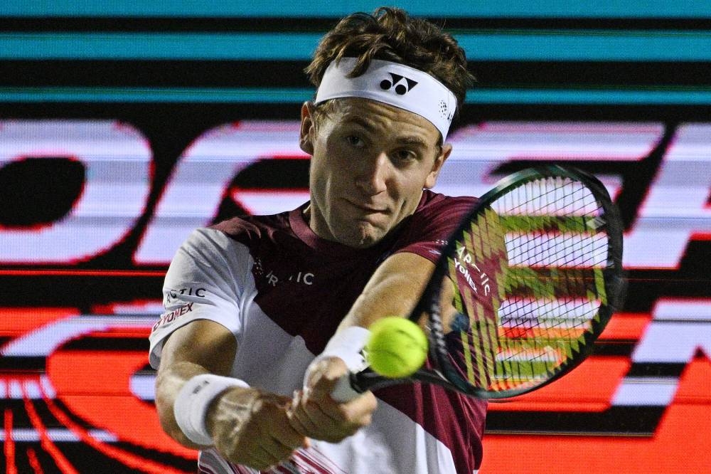 Casper Ruud of Norway hits a return against Nicolas Jarry of Chile during their men’s singles match at the Korea Open Tennis Championships in Seoul, September 29, 2022. — AFP pic 