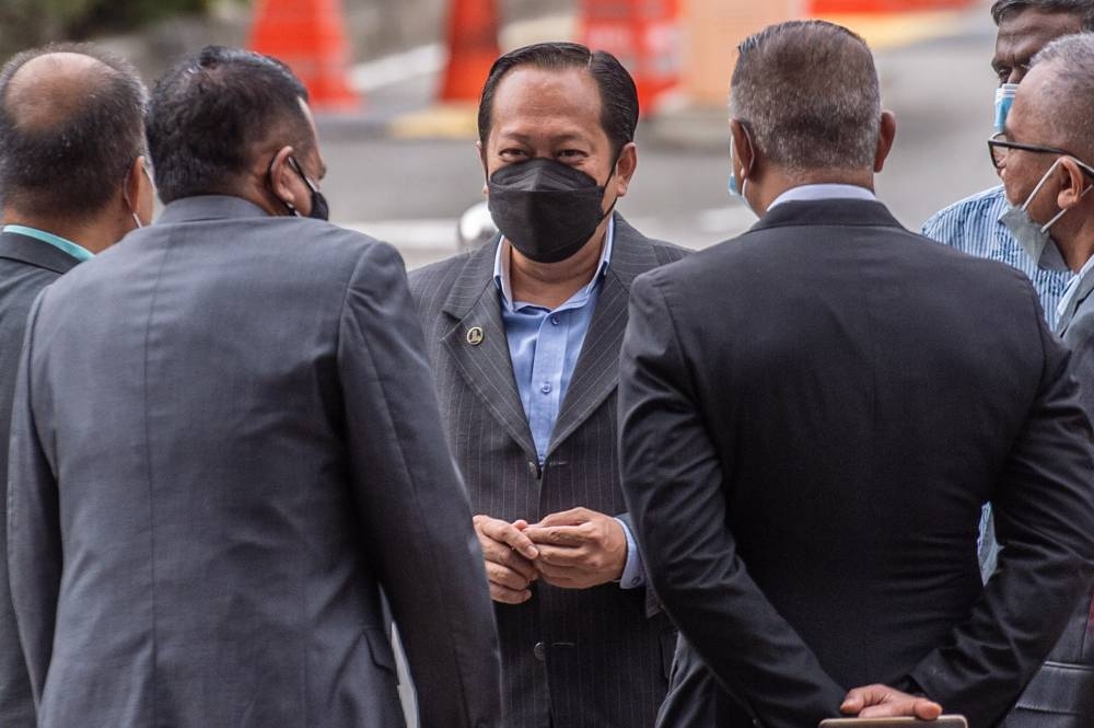 Umno secretary-general Datuk Seri Ahmad Maslan is pictured at the Kuala Lumpur High Court, August 24, 2021. — Picture by Shafwan Zaidon