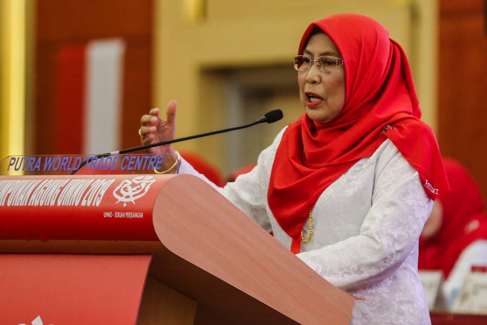 Datuk Kalsom Nordin speaks during the 2019 Umno General Assembly at PWTC in Kuala Lumpur in this file photo taken on December 5, 2019. — Picture by Firdaus Latif 