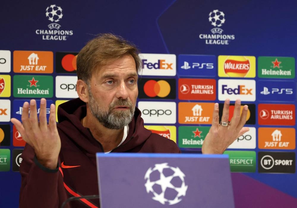 Liverpool manager Jurgen Klopp attends a press conference at the AXA Training Centre in Liverpool, north-west England, October 3, 2022, on the eve of the uefa Champions League group A match against Rangers. — AFP pic