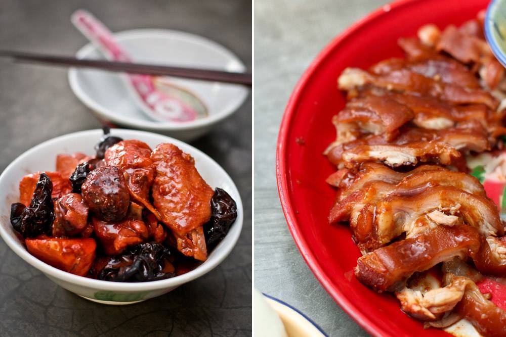 Fook Chow cuisine features red wine frequently, such as in Red Wine Braised Chicken (left) and Red Wine Braised Pork Knuckle (right).