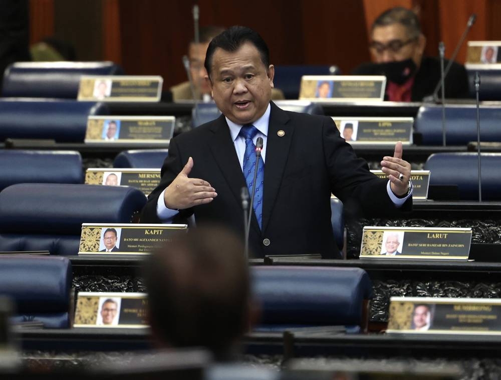 Domestic Trade and Consumer Affairs Minister Datuk Seri Alexander Nanta Linggi speaks at the Dewan Rakyat, October 4, 2022. — Bernama pic 