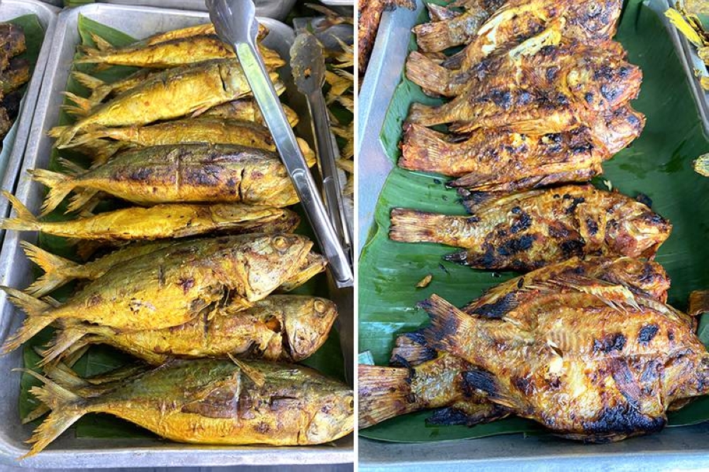 The fish is lightly marinated with turmeric and grilled over a charcoal fire (left). Tilapia fish is available and can be shared with family and friends (right).
