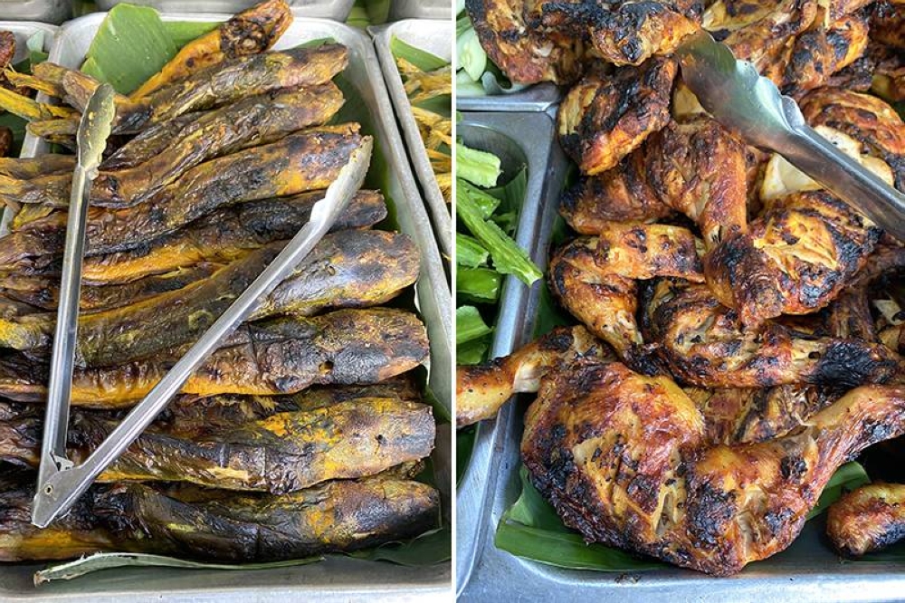 'Ikan keli' or cat fish may not look appealing but the flesh when grilled has a creamy consistency (left). The 'ayam bakar' is juicy and delicious on its own or dipped with a sauce (right).