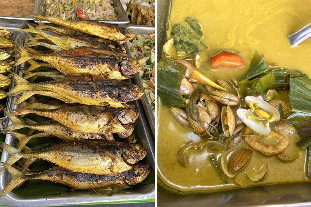 There's also 'ikan cencaru' stuffed with 'sambal' for those who crave this (left). You can scoop up clams in a separate bowl to eat with your plate of rice (right).