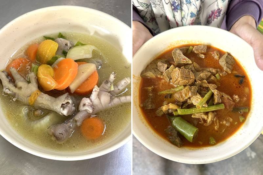 As the soup is boiled with so many chicken feet, it's sweet and tasty with vegetables (left). Scoop up from the pot, this delicious 'gulai kawah' with various parts of 'paru' or cow's lungs and long beans (right).