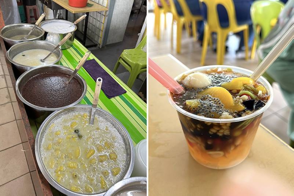 Another highlight is the various 'bubur' or sweet broths (left). Order the 'leng chee kang' which is made from various canned fruits, basil seeds, raisins and toasted peanuts for crunch (right).