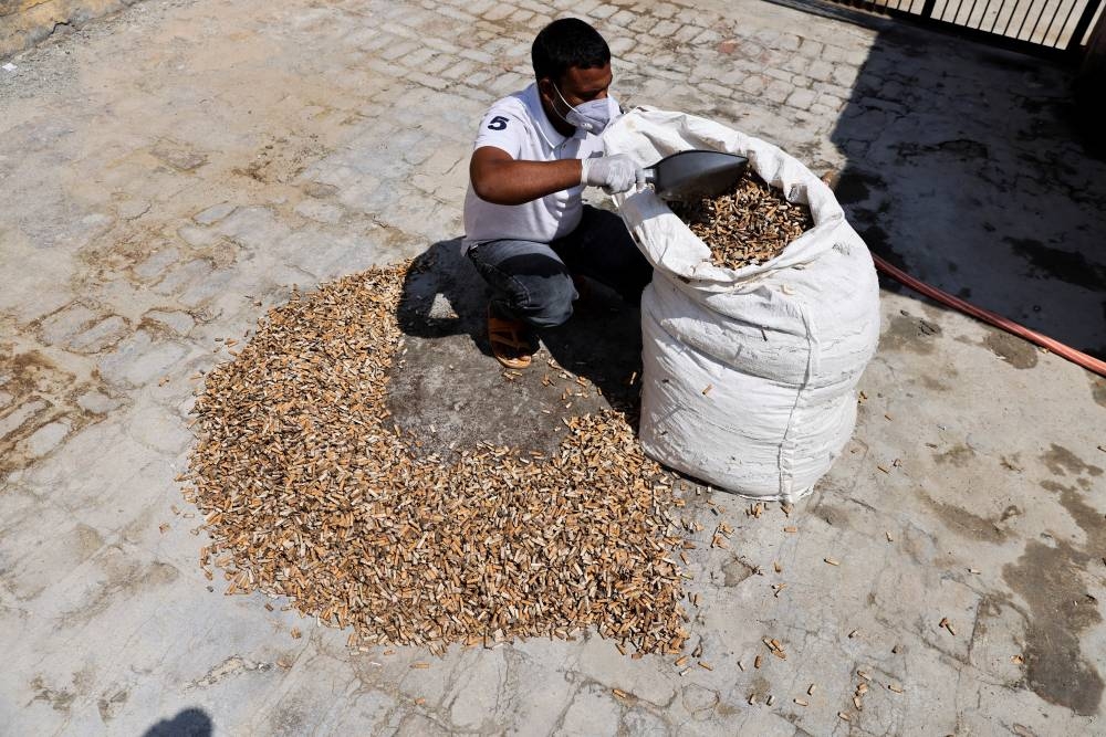 A worker scoops cigarette filter tips using a dustpan at a cigarette butts recycling factory in Noida, India September 12, 2022. — Reuters pic